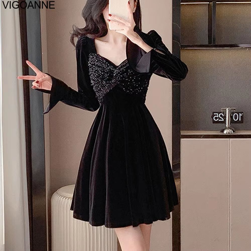 VigoAnne Patchwork Velvet Party Dress Crystal Detail Black Velvet Bodycon Dress Korean Style Short Evening Dress