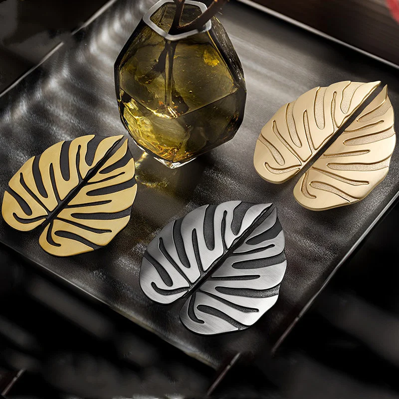 Luxury Leaf Cabinet Handles Black Gold Zinc Alloy Drawer Knobs