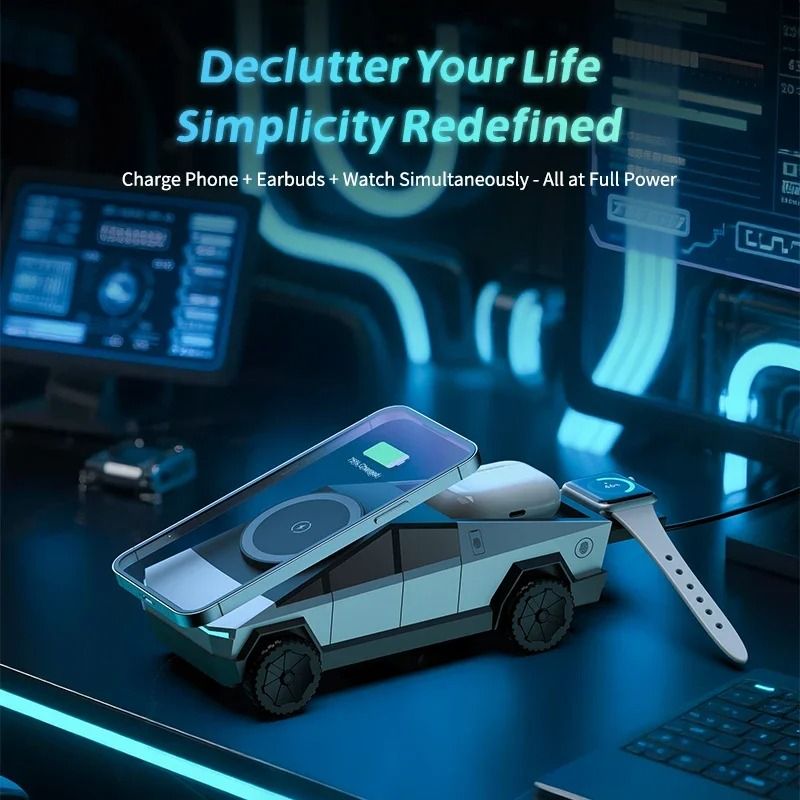Cybertruck Desktop Qi2 Charger | 3-in-1 Wireless Charging Station for iPhone, Apple Watch & AirPods