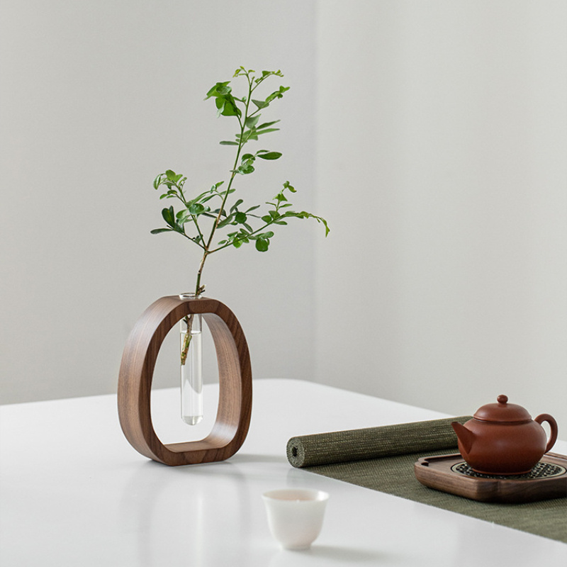 Mini Water-grown Vase, Creative Solid Wood Flower Utensil with Simple Glass Plant Insert