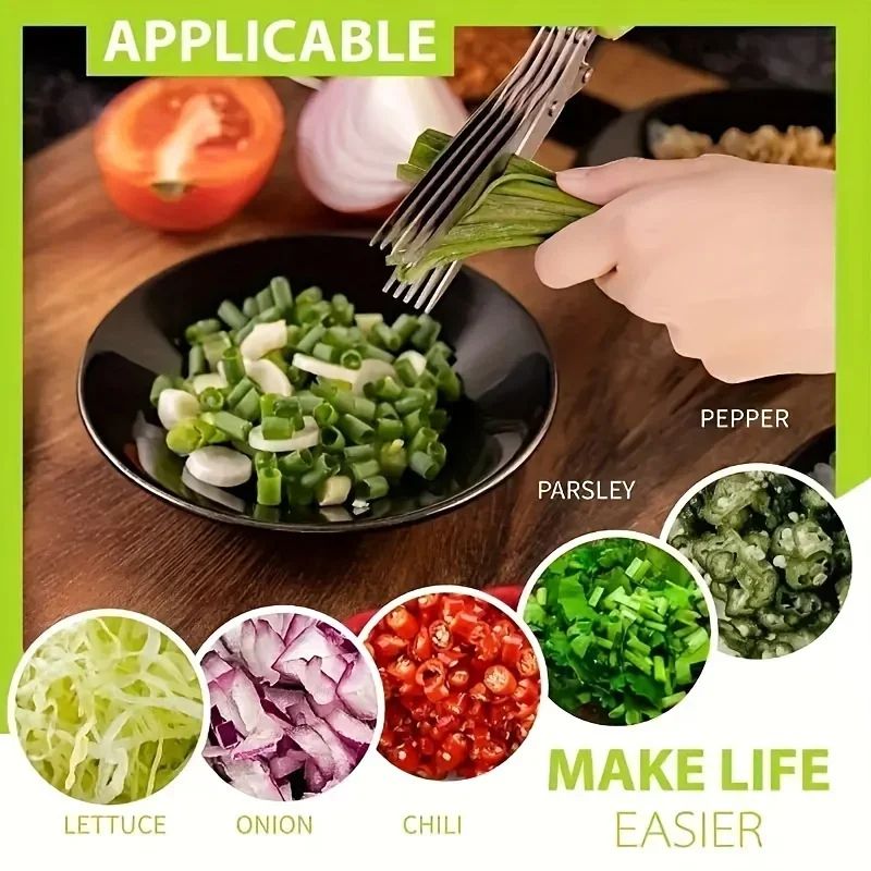 Multifunctional 5-Layer Stainless Steel Herb Scissors | Kitchen Scallion Cutter for Spices, Onion, Seaweed & Herbs