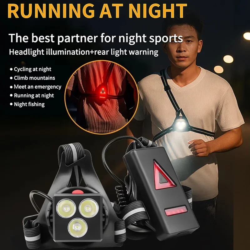 USB Rechargeable LED Chest Front Multi-Lamp Red Warning Night Running Light Triangle Reflective Strap Adjustable Angle