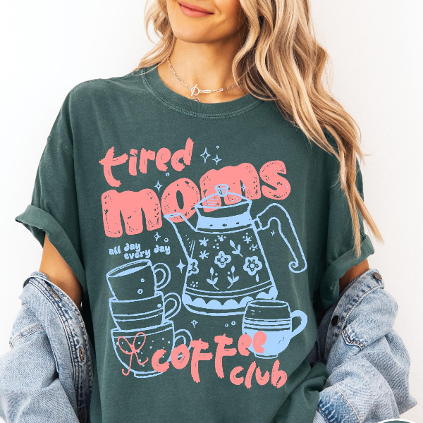 Tired Moms Coffee Club Shirt Funny Mom Coffee Lover Graphic Tee Cute Outfit