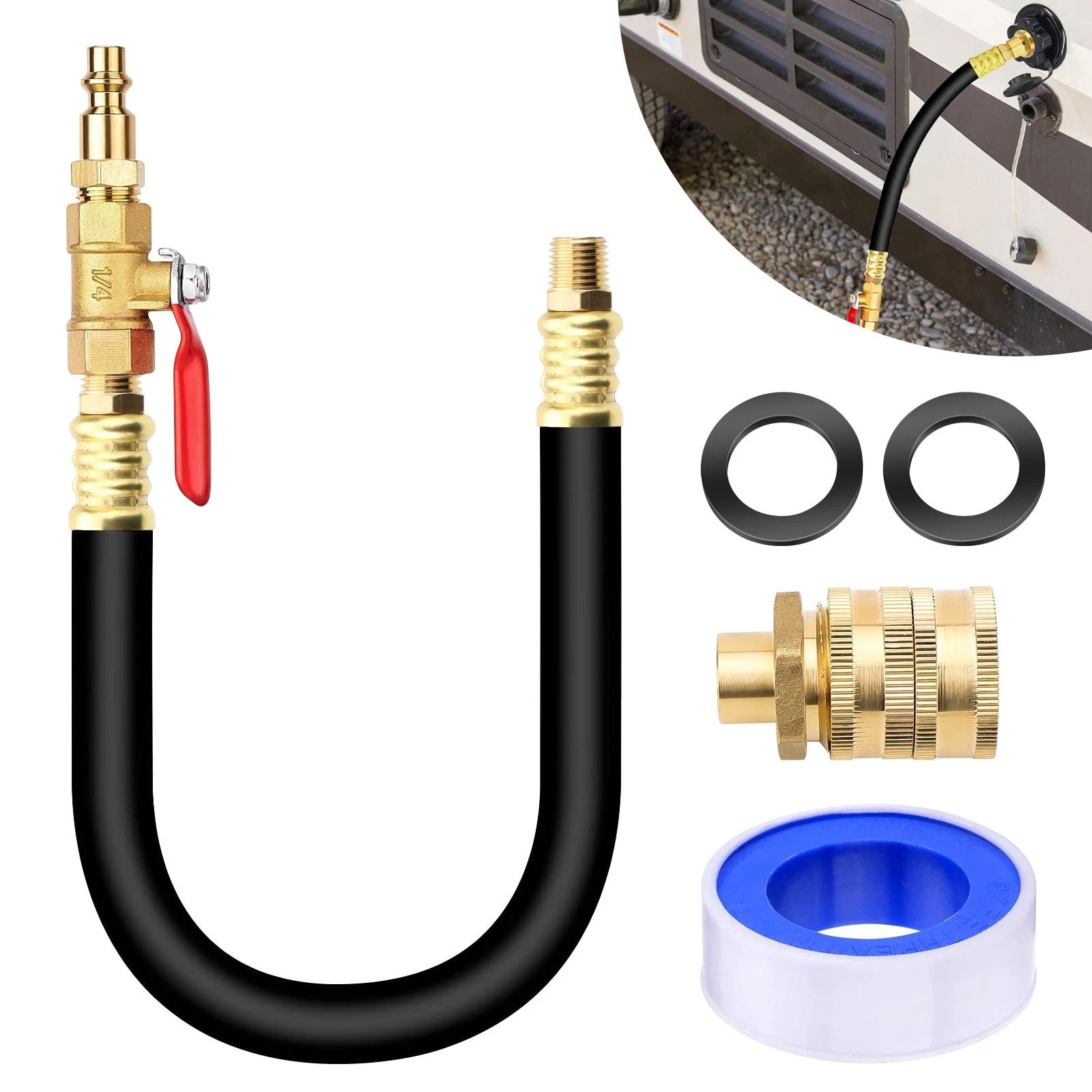 RV Winterizing Kit, Brass with Shut-Off Valve & Air Quick Plug, Water Line Blowout for Camper & Trailer