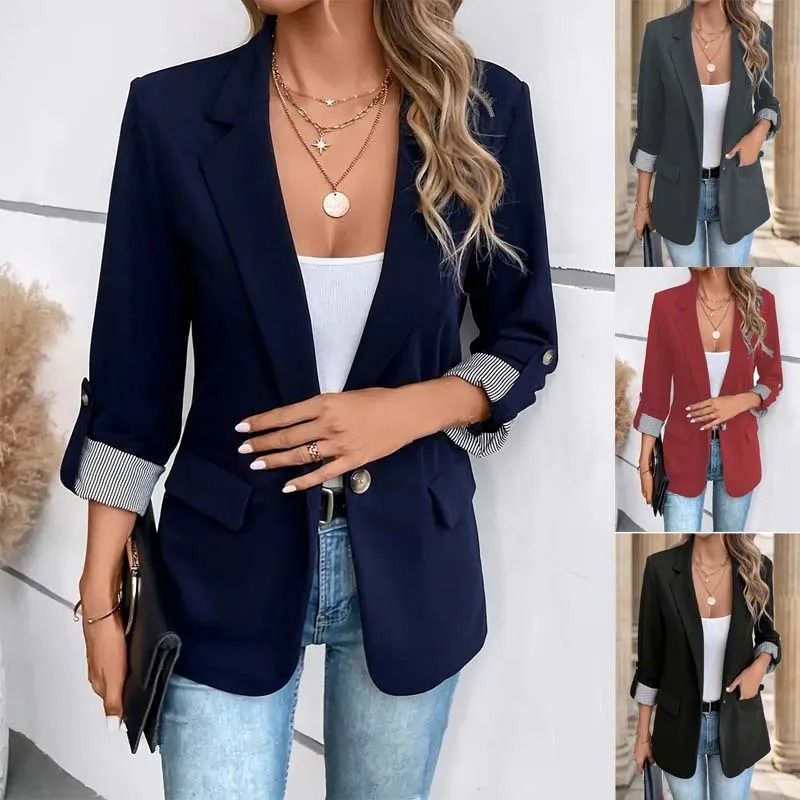 Women Casual Button Up Rolled-Sleeve Slim Blazer