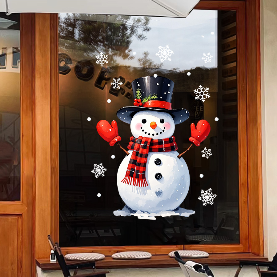 Static Cling Sticker, Christmas Window Sticker, Glass Sticker with Snowman, White Snowflakes, Christmas Hats, Holiday