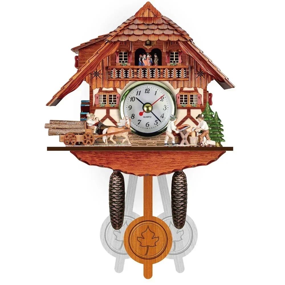 Wooden Cuckoo Wall Clock with Bird Alarm and Silent Quartz Movement
