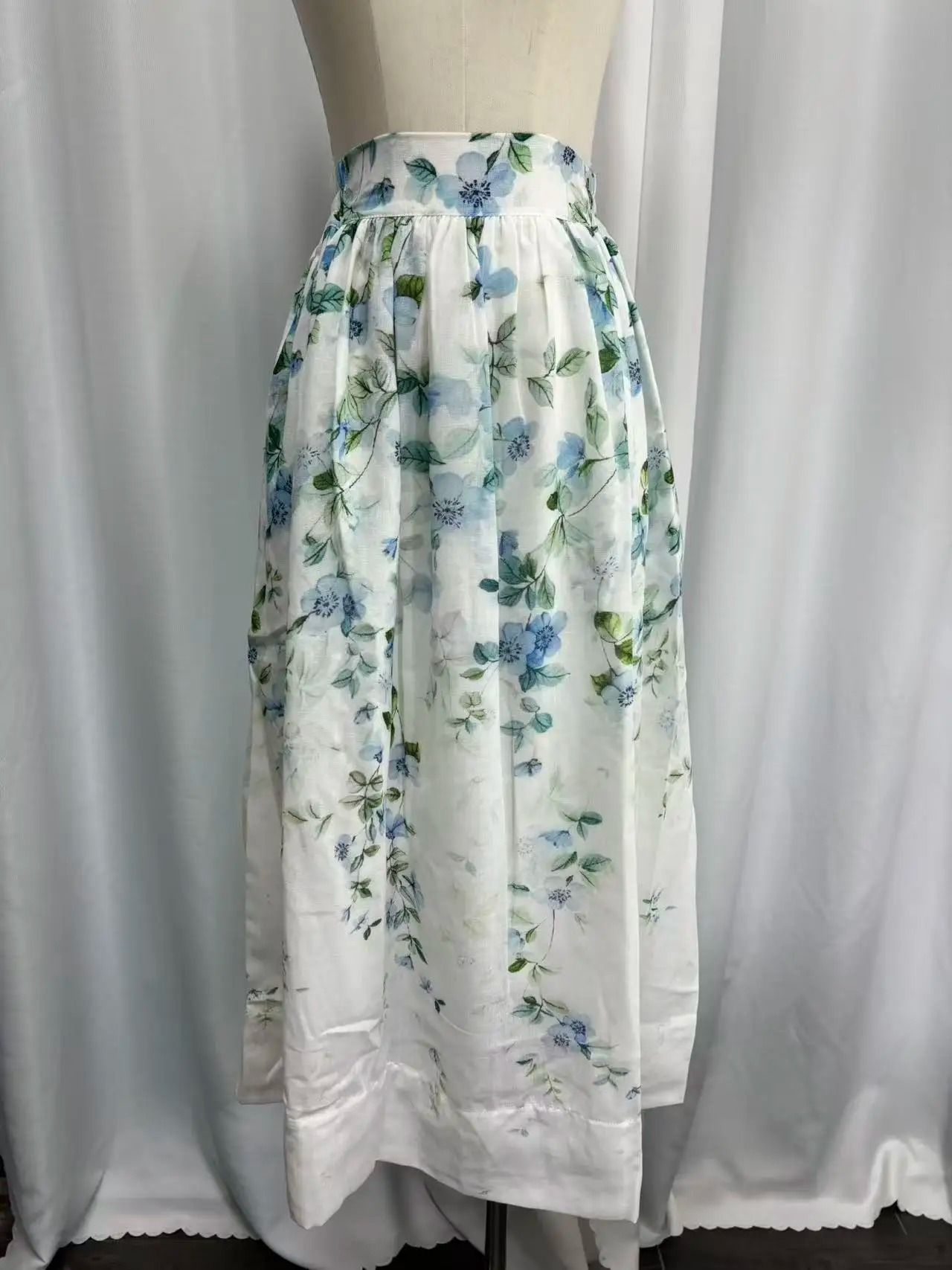 Watercolor Floral Linen High Waist Midi Skirt