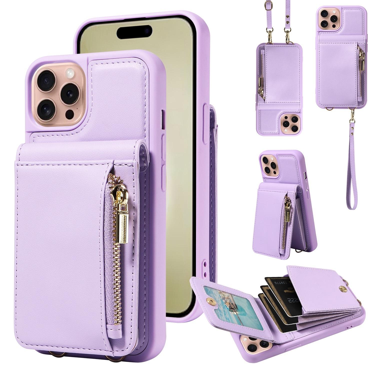 Leather Crossbody iPhone Wallet Case with Zipper Pocket & Lanyard Strap