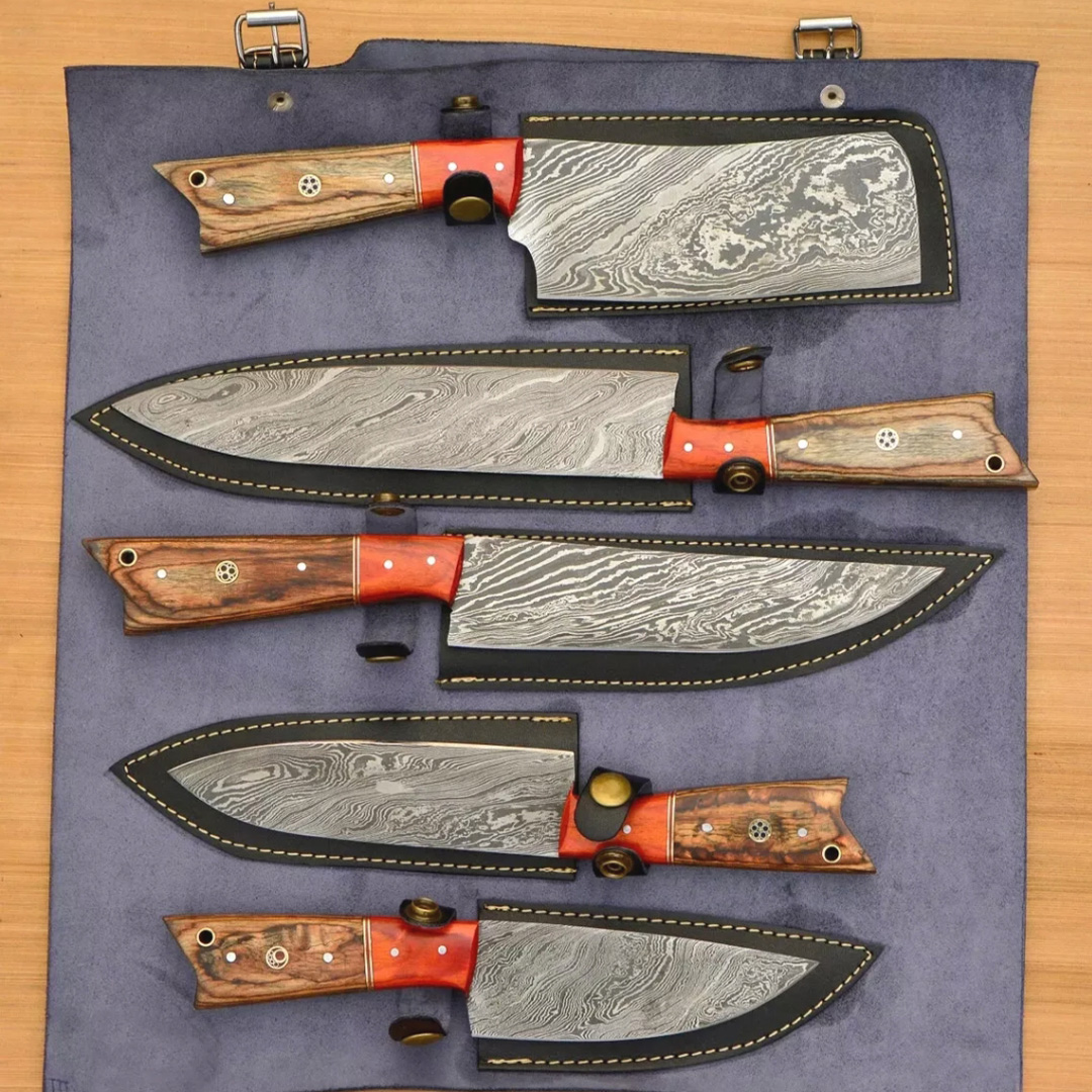 Handmade Forged Damascus Steel Chef Knives Set, 5-Piece Kitchen Essentials