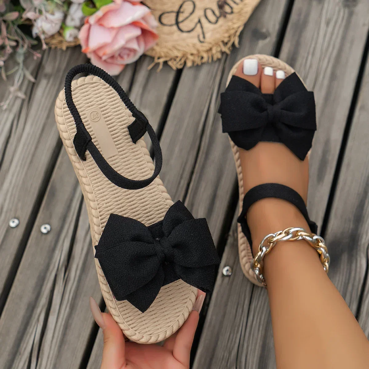 Women Anti-slip Trend Sandals, Lightweight Summer Fashion Sandals, Beach Casual Slippers, Outdoor Bow Tie Flat Shoes
