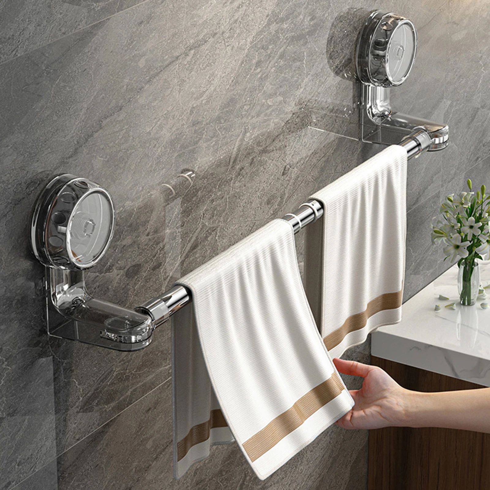 Retractable Suction Cup Towel Bar – 30–60cm / 50–100cm Adjustable Non-Perforated Wall-Mounted Single Rod Rack for Kitche
