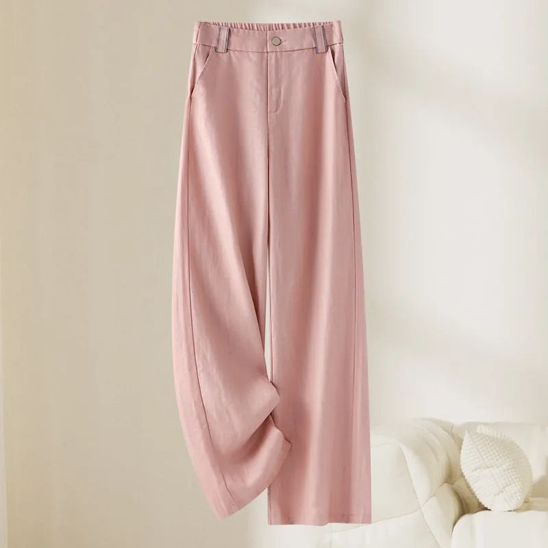 Women Linen Straight Leg Long Pants 2026 Summer High Waisted Lightweight Wide Leg Casual Trousers