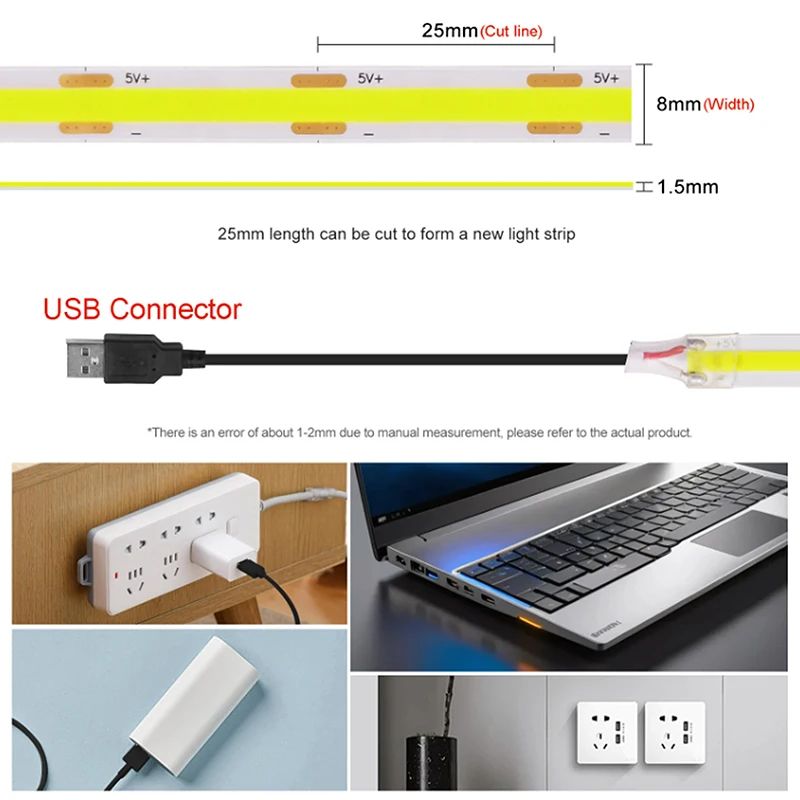 USB COB LED Strip Light 320 LEDs/m – High Density Flexible Lighting (3000K/4000K/6000K)