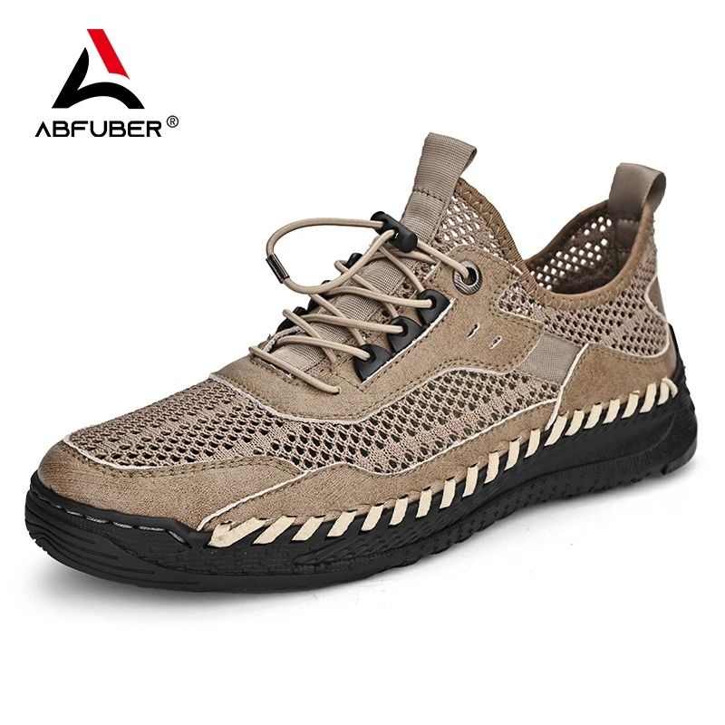 Mens Summer Breathable Leather Mesh Sneakers for Comfortable Outdoor Walking and Casual Style