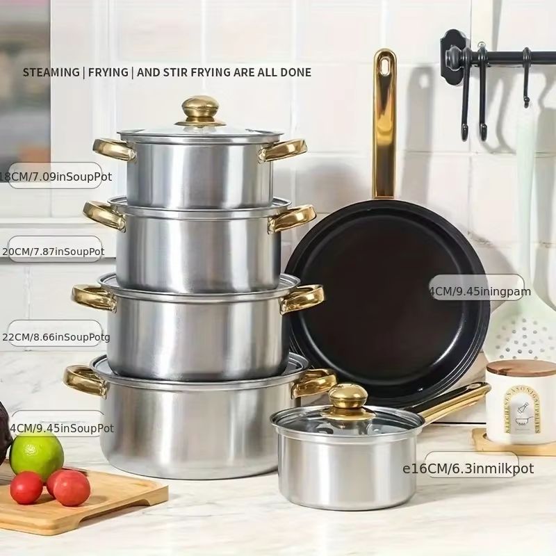 12 Piece nonstick cookware set Stainless Steel induction cookware set with Skillet and Saucepan Combofor Gas and Electr