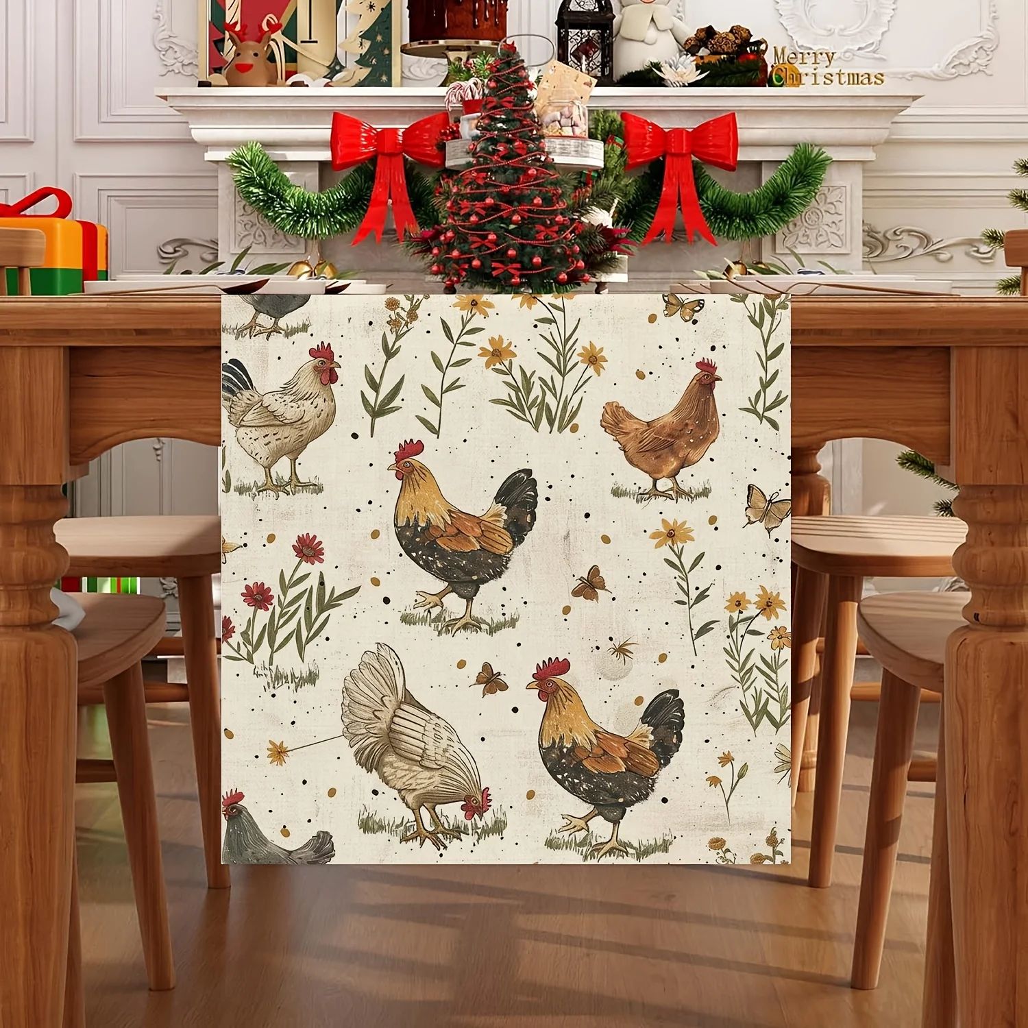 Farmhouse Rooster Linen Table Runner for Dining Table – Wildflower Butterfly Rustic Kitchen Decor