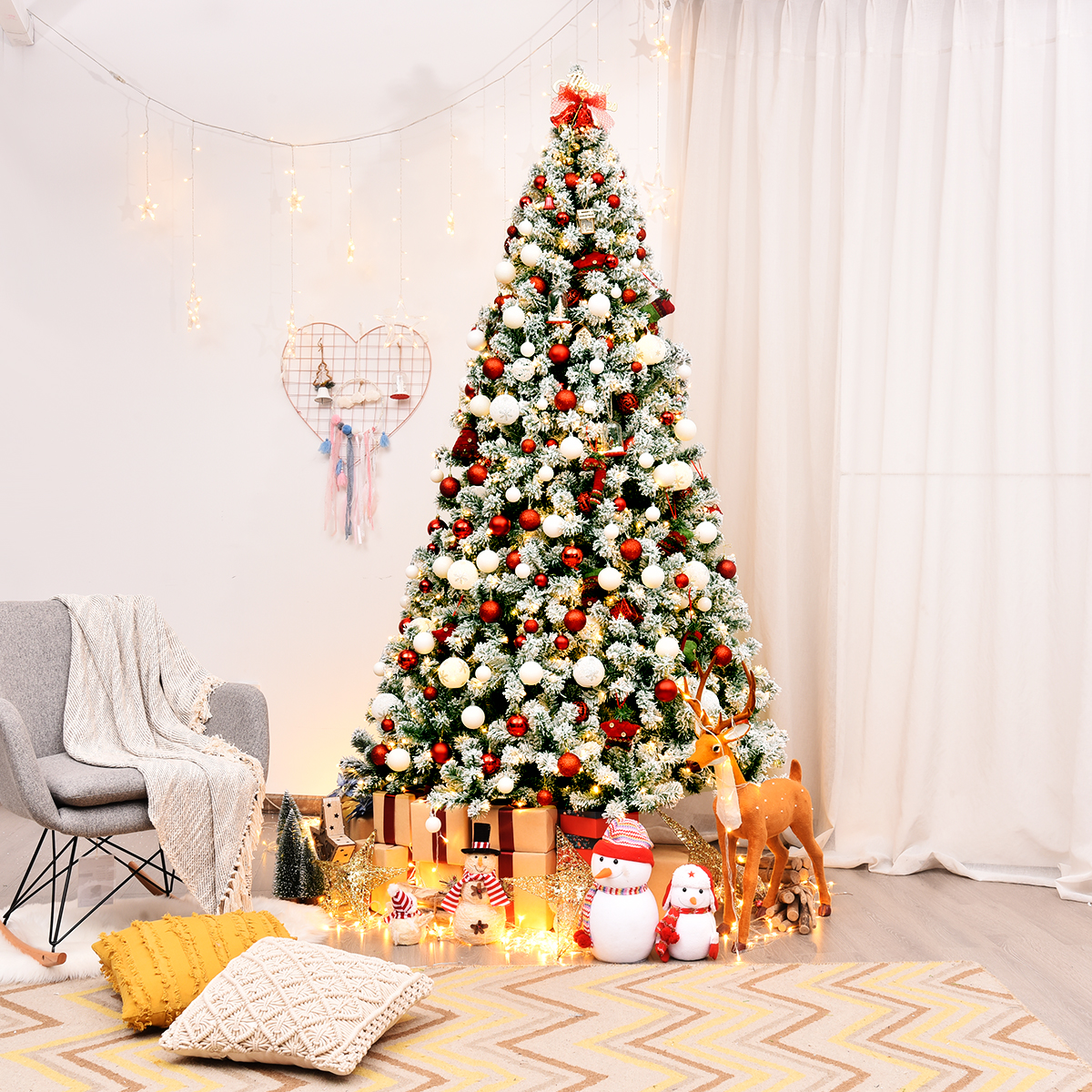 Christmas Tree, Premium Snow Flocked Hinged Design, Pre Lit Artificial Tree with Lights Holiday Style