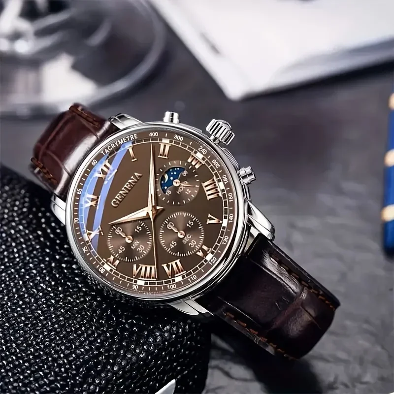 Luxury Mens Business Watch with Leather Strap Analog Quartz Wristwatch