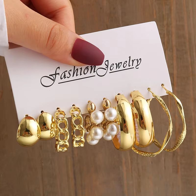 Gold Color Vintage Geometry Pearl Earrings Set Square Dangle And Round Earrings For Women Simple Trendy Party Jewelry