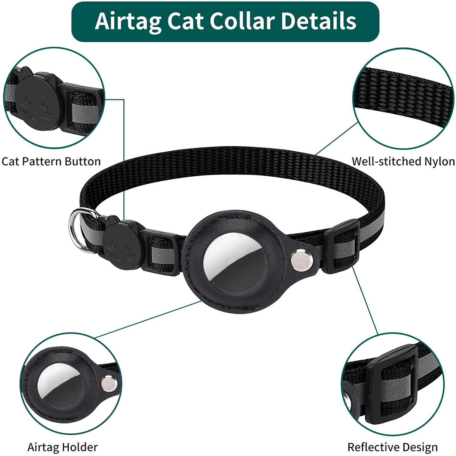 Adjustable Cat AirTag Holder Collar, Reflective Strips, Breakaway Waterproof Pet Air Tag Case, Kitten Collar