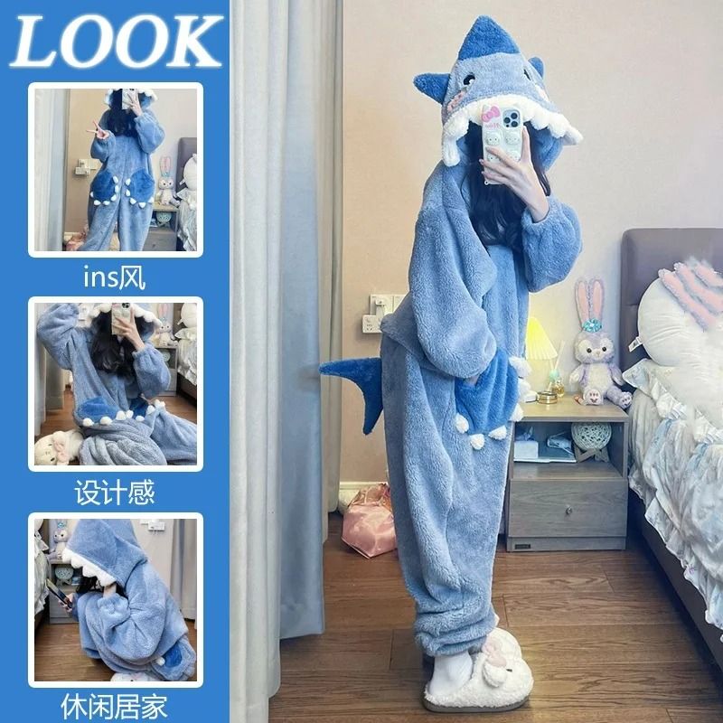 Womens Cartoon Shark Kigurumi Pajamas Hooded Animal Onesie Sleepwear Winter Cosplay Jumpsuit