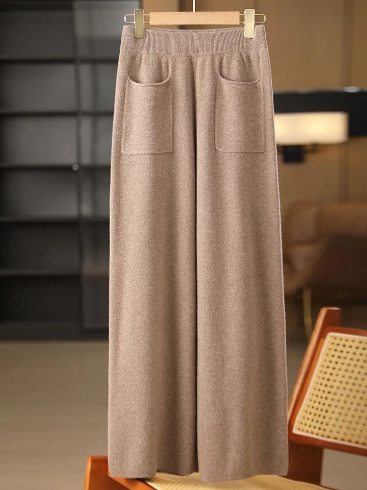 Women 100% Merino Wool Knitted Wide Leg Pants Autumn Winter Loose Soft Warm Bottoms with Pockets