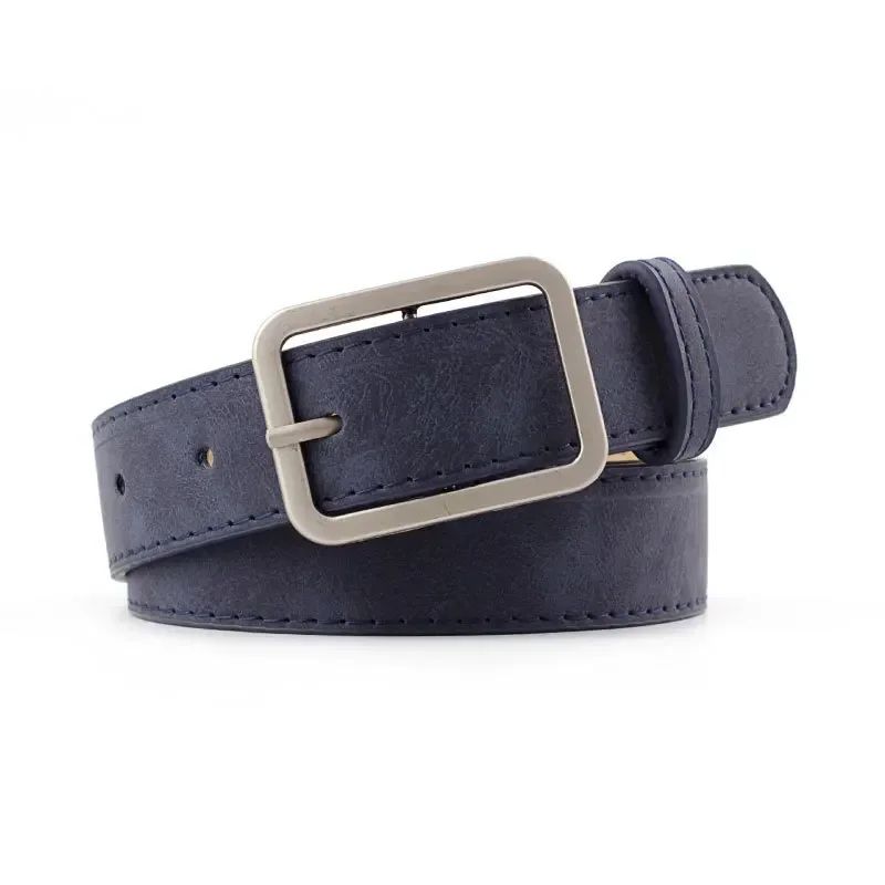 Womens Retro Leather Belt w/ Silver Square Pin Buckle - Fashion Jeans Waist Belt, Adjustable Student Waistband