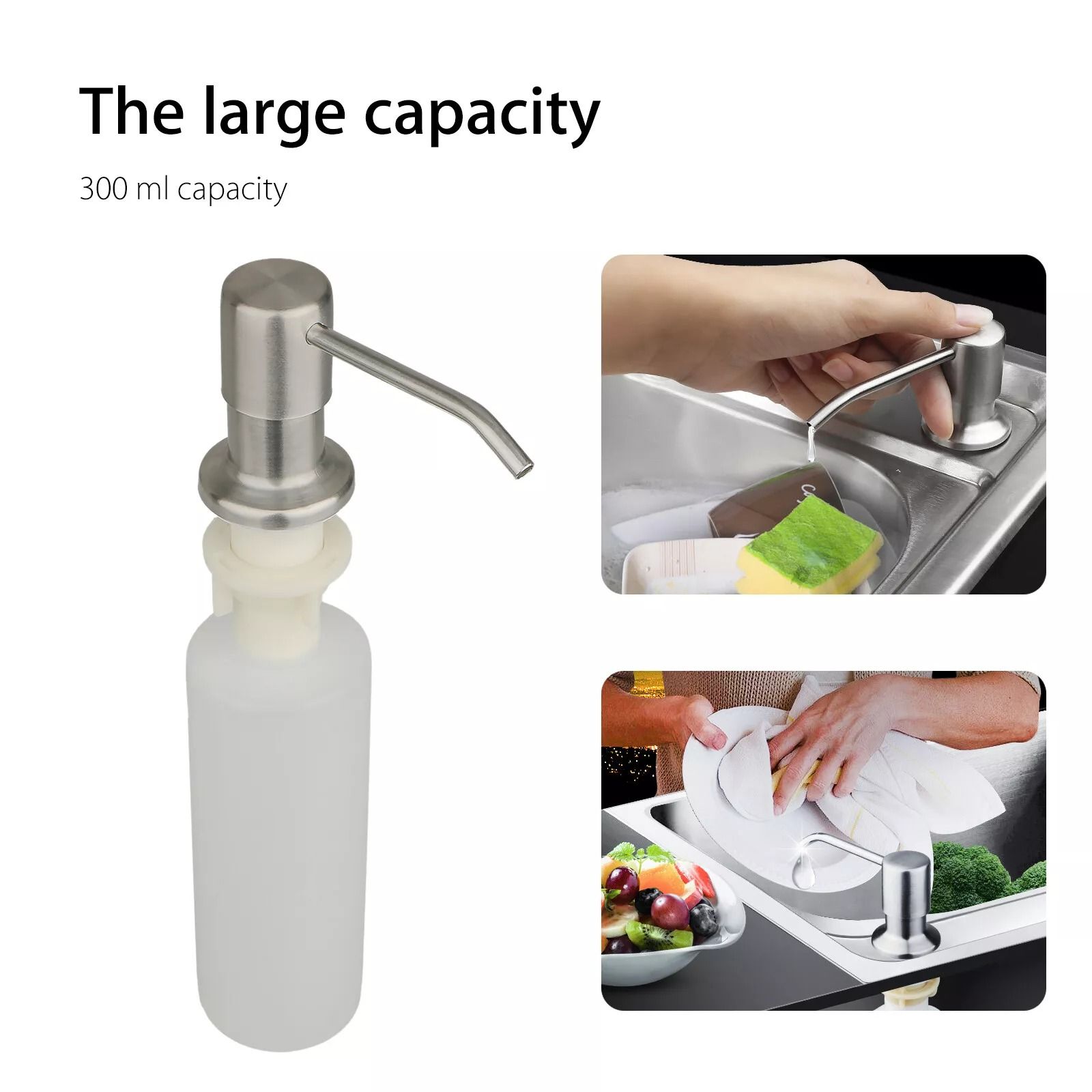 300ml Stainless Steel Kitchen Sink Soap Dispenser, Polish Finish Hand Liquid Pump Bottle
