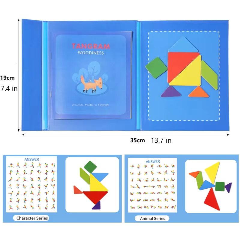Wooden Tangram Puzzle for Kids, 7-Piece Color Shape Brain Teaser Set