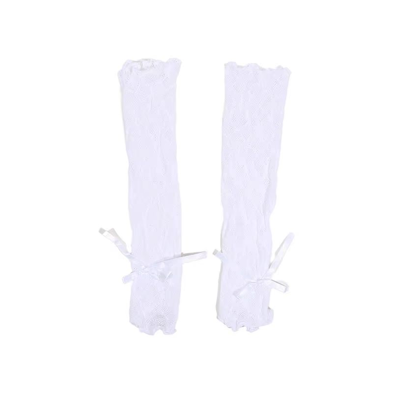 RuffleDream Mesh Lace Y2K Fingerless Gloves – Kawaii Bowknot Wrist Warmers (Black & White)