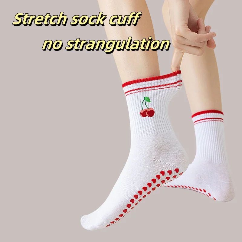 Womens Knitted Embroidered Non-Slip Yoga Socks EU 36–43 – Silicone Grip Pilates & Fitness Mid-Calf Socks