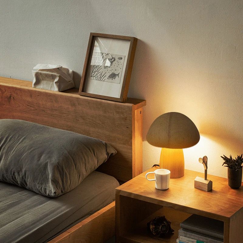 Wooden Mushroom Night Light Touch Control Dimmable Bedside Lamp