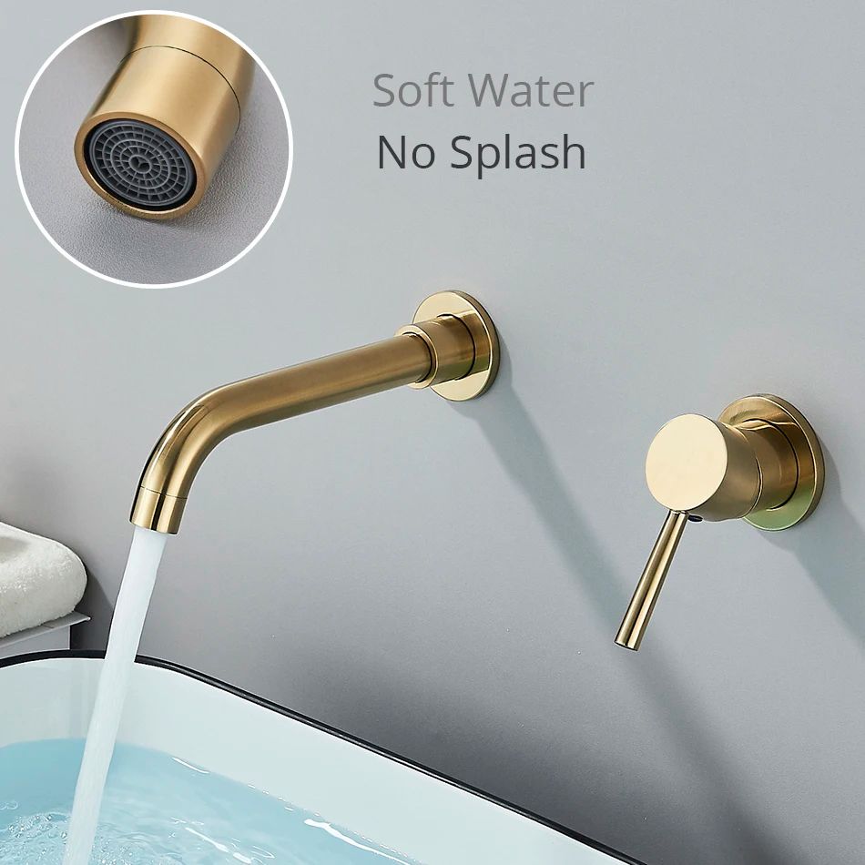 Brushed Gold Wall Mount Bathroom Faucet – Concealed Hot & Cold Basin Mixer Tap
