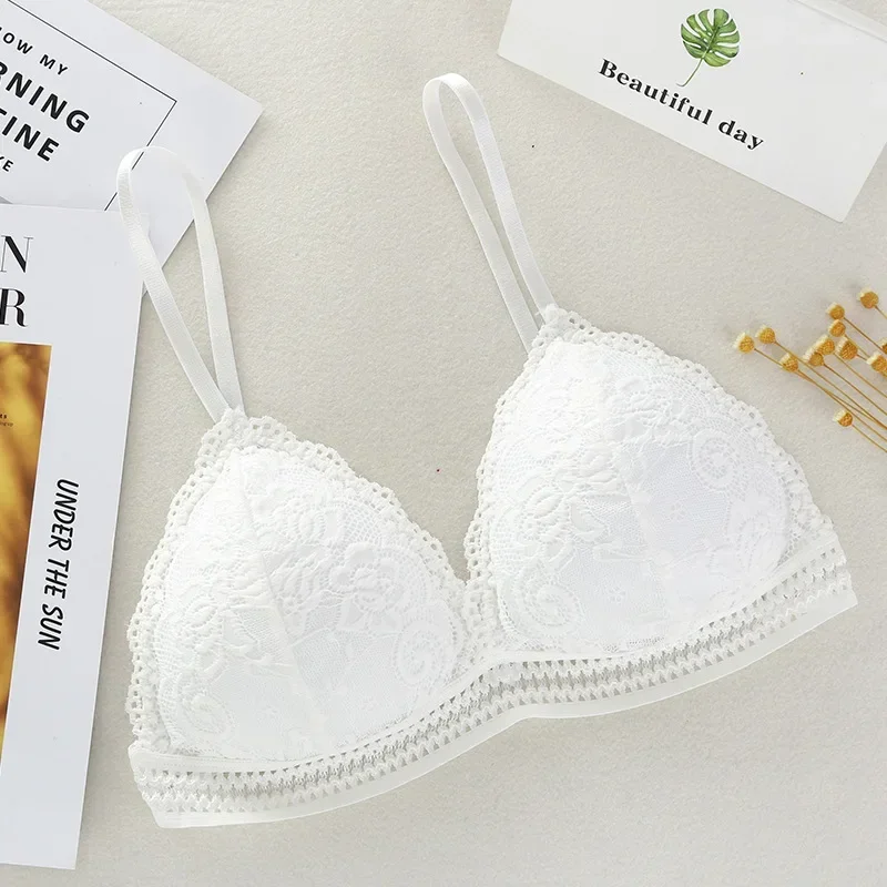 French Lace Women Bralette Soft Deep V Brassiere, No Steel Ring Beauty Back Bra, Girls Triangle Cup Padded Underwear