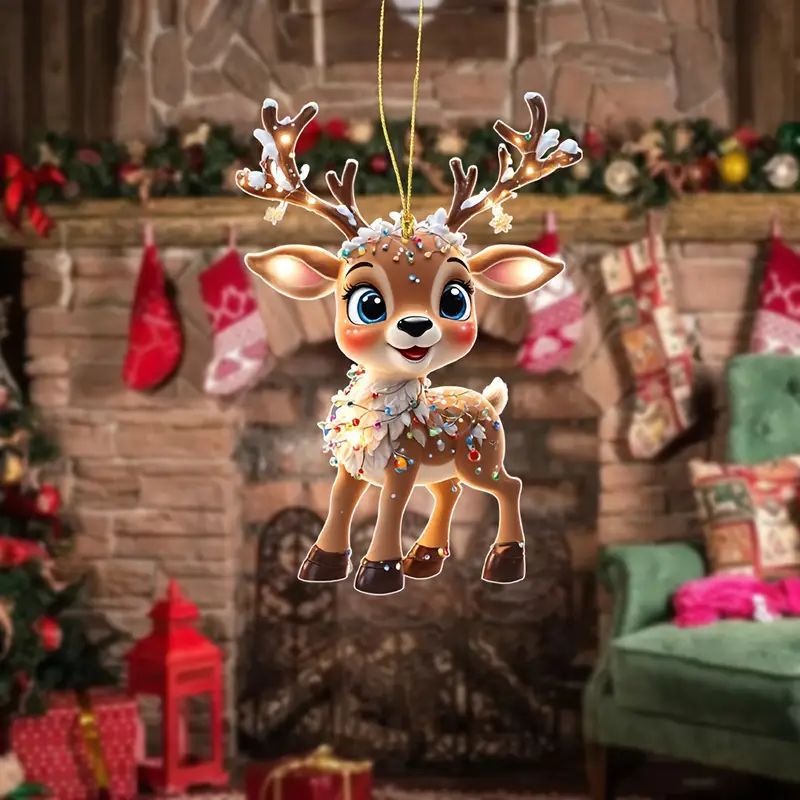 Christmas Cartoon Fawn Acrylic Tree Pendant, Cute Elk Decorations for New Year Gifts and Party Decor