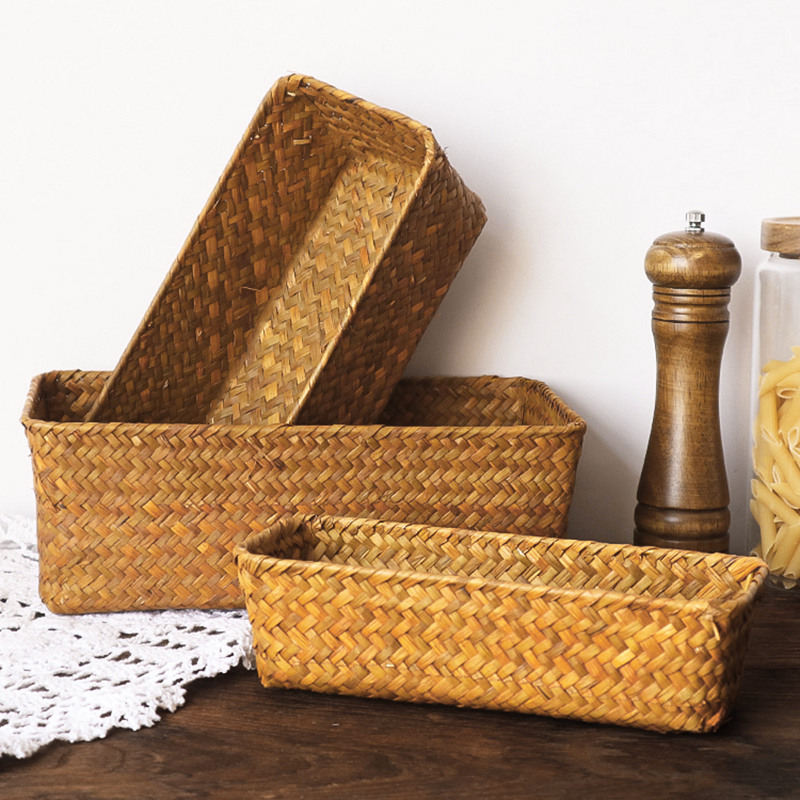 Woven Seagrass Wicker Storage Basket, Rectangular Straw Rattan Basket, Multipurpose Fruit, Cosmetic, Sundries Storage