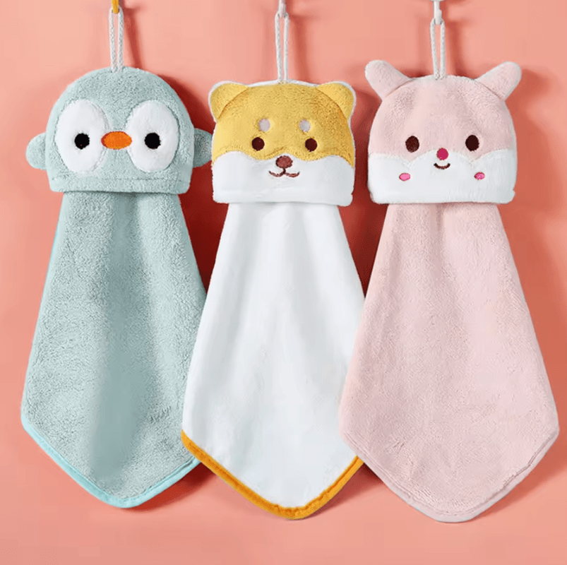 Cute Cartoon Animal Coral Fleece Hand Towel – Soft Hanging Quick-Dry Towel