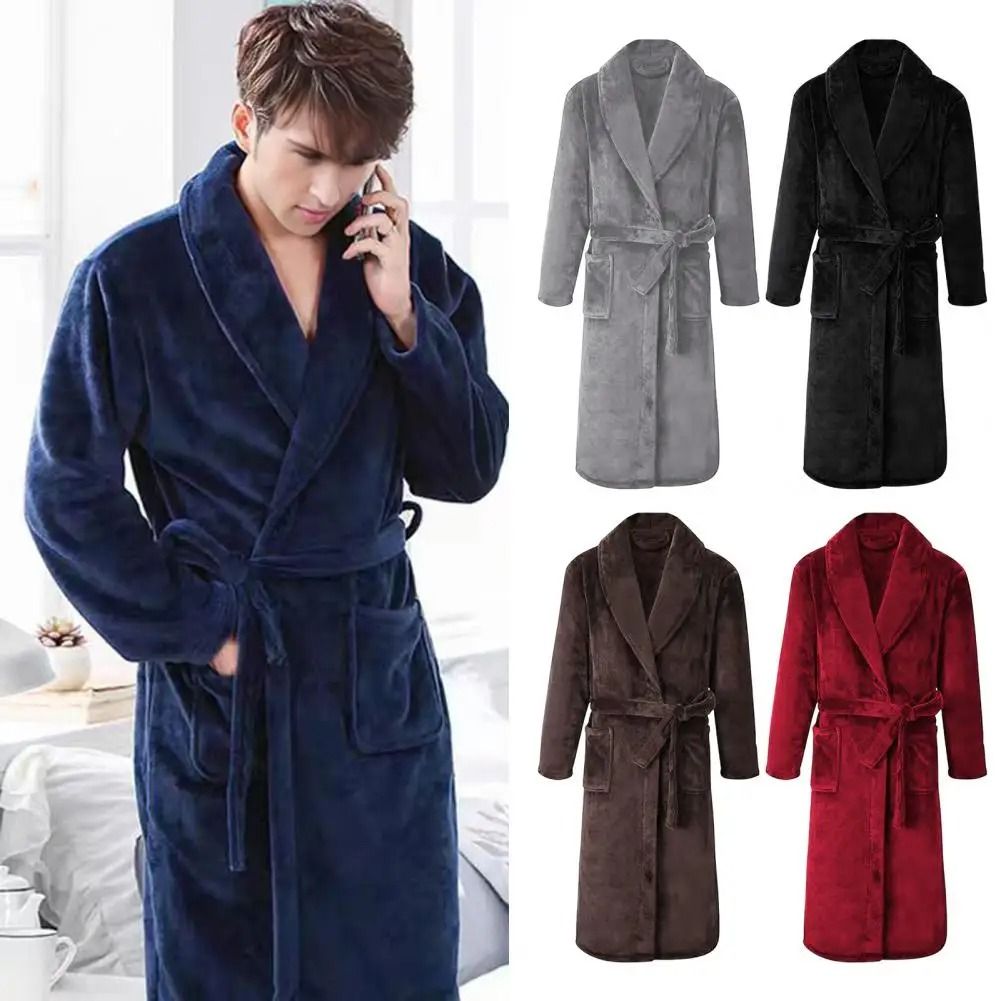 Mens Plush Flannel Winter Bathrobe Thick Lined Medium Length Home Robe