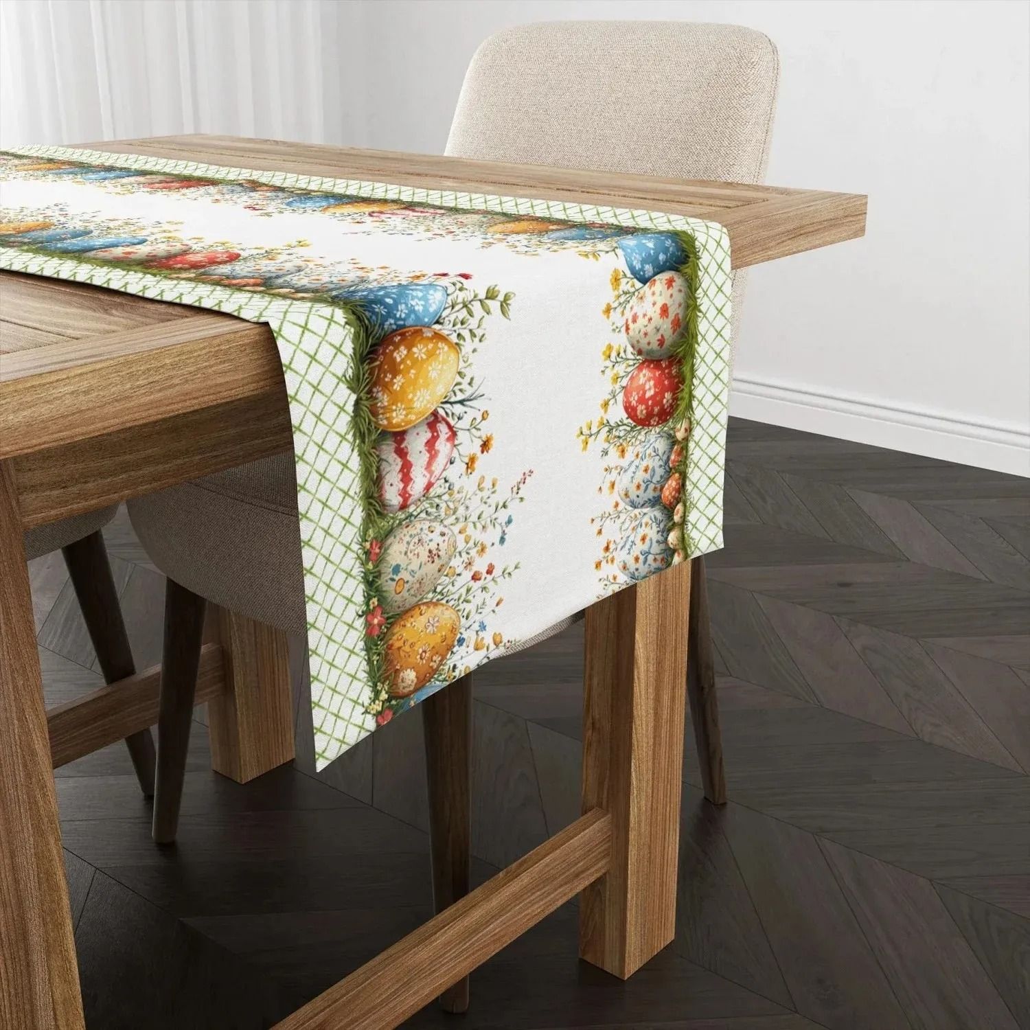 VIKAMA Easter Egg & Plaid Table Runner | Scandinavian Garden Style Decor | Holiday Ambience Home Decoration