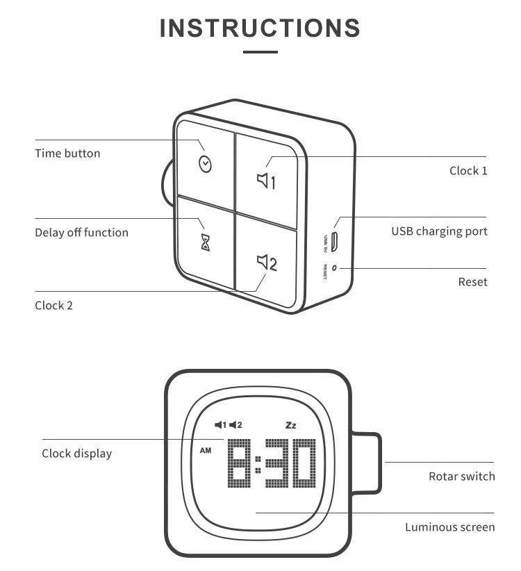 Square Digital LED Alarm Clock with USB Charger & Timer