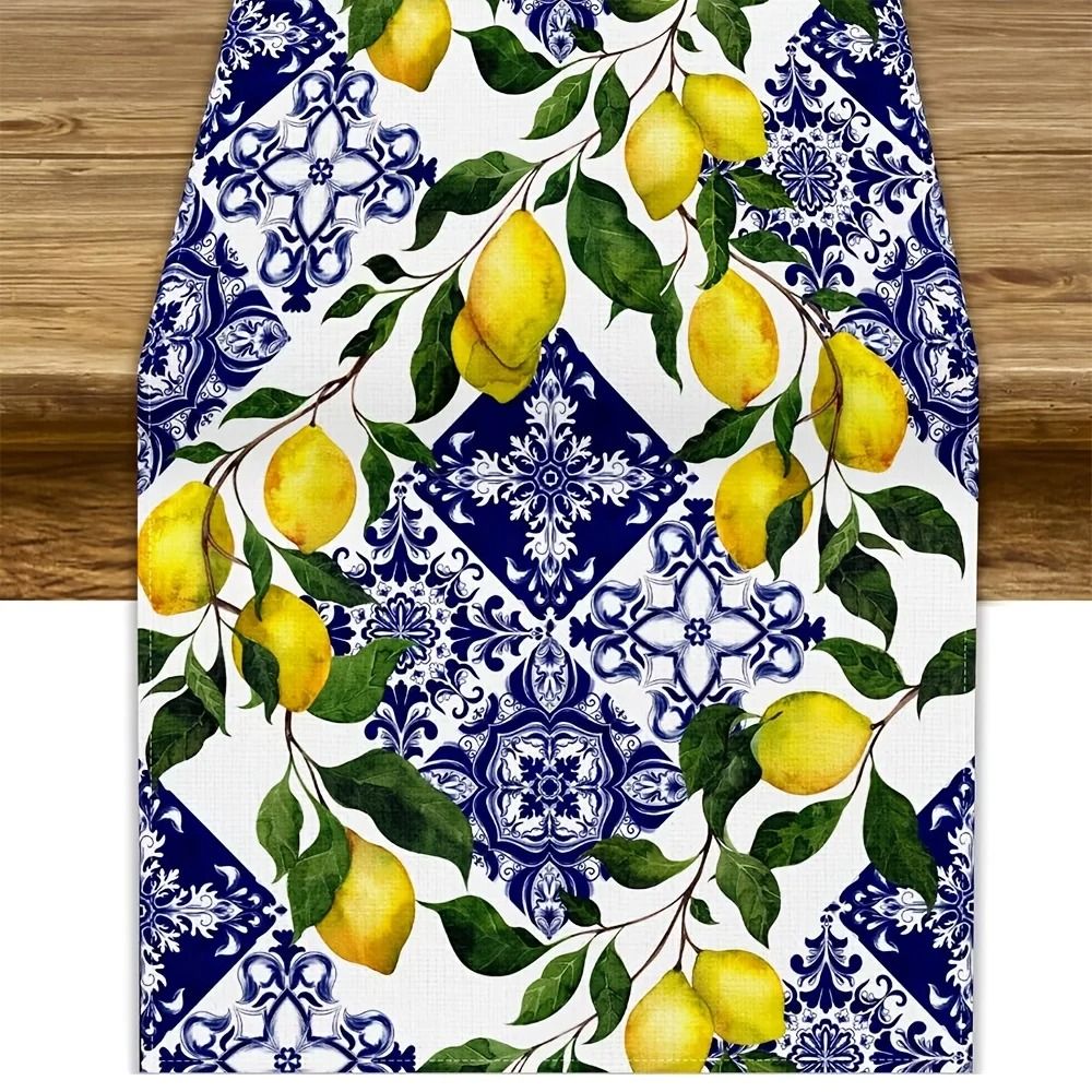 Blue Tile Lemon Linen Table Runner – Mediterranean Summer Dining Decor