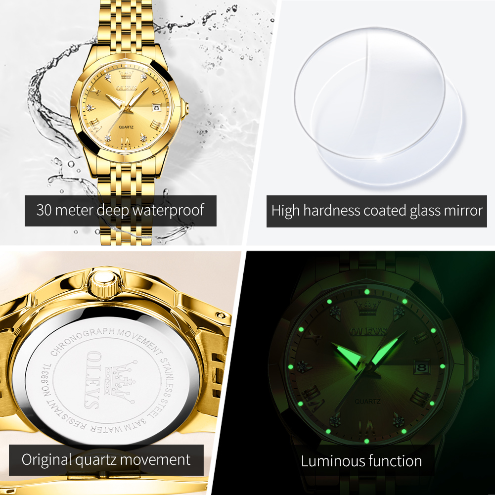 Elegant Original Luxury Ladies Quartz Wristwatch, Fashion Golden Watch for Women, Waterproof Stainless Steel Watch