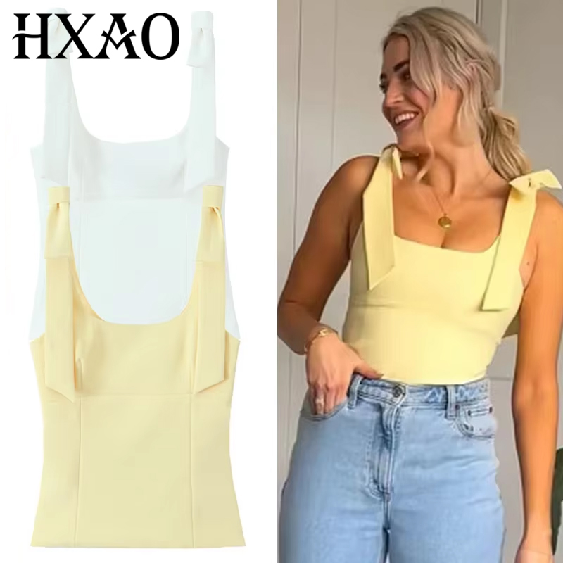Summer Butterfly Crop Top Woman, Yellow White Slip Top, Off Shoulder Tank Top, Cute Bow Design, Sleeveless Backless Tops