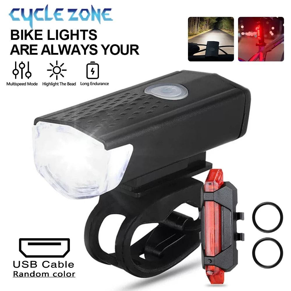USB Rechargeable Bike Light Set Front and Rear LED Bicycle Headlight and Taillight