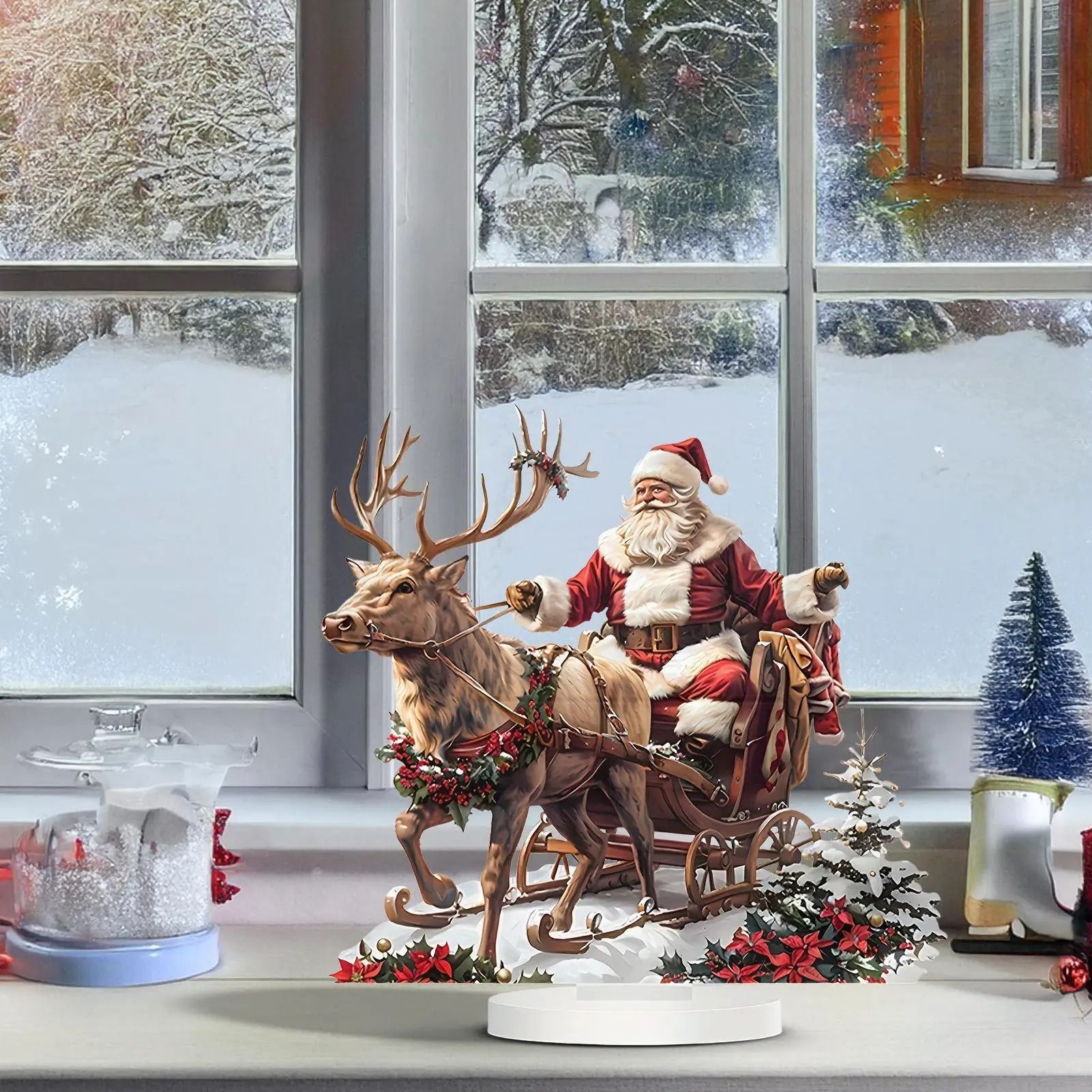 Santa Sleigh and Reindeer Christmas Figurine