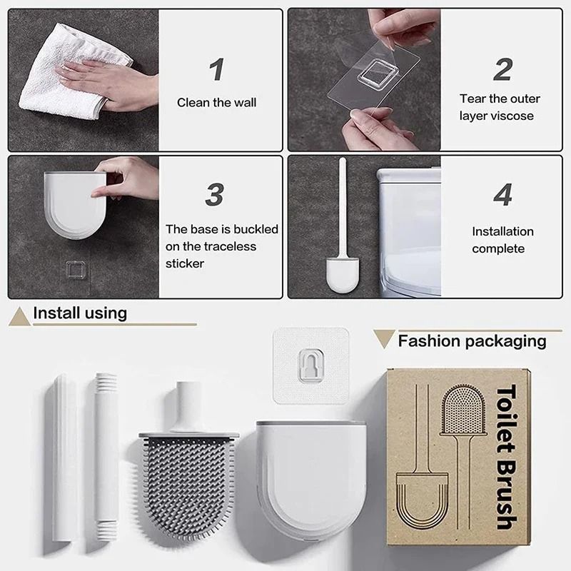 Hanging silicone toilet brush with Quick Dry Holder and Long Handle Bathroom Cleaner