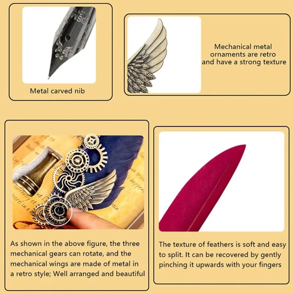 Antique Feather Dip Pen Calligraphy Quill Pen Set with Mechanical Wing Base