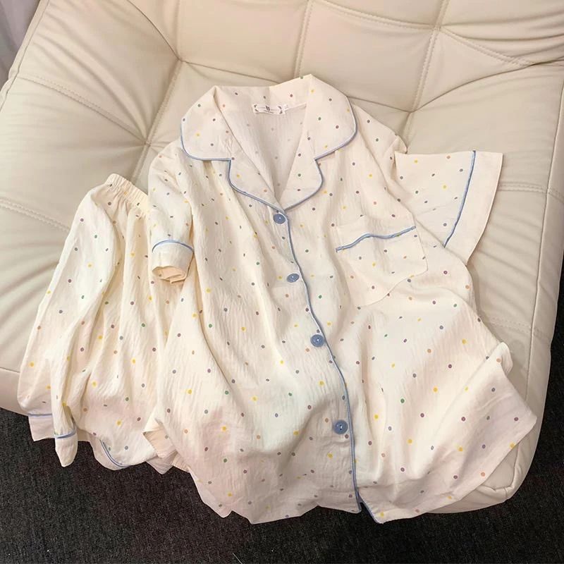 Women Polka Dot Cotton Pajama Set with Top and Shorts