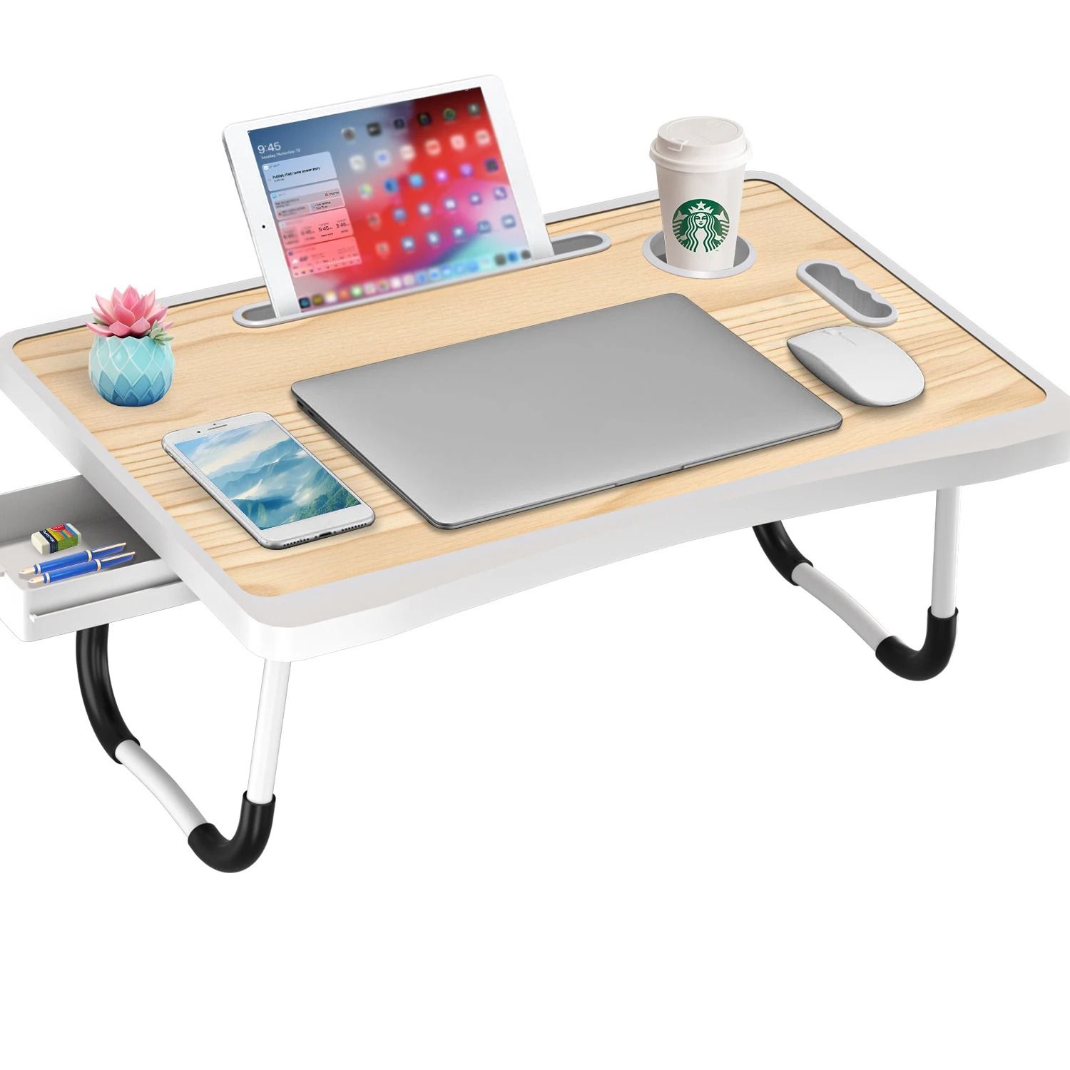 Folding Laptop Bed Desk Portable Wooden Table with Cup Holder